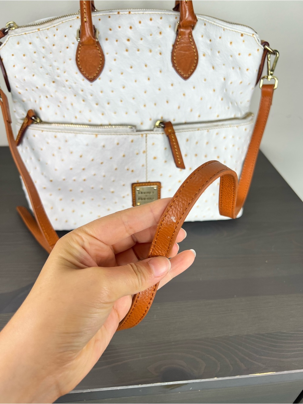 Dooney & Bourke White Ostrich Embossed Leather Satchel Tote Bag - Picture 3 of 16